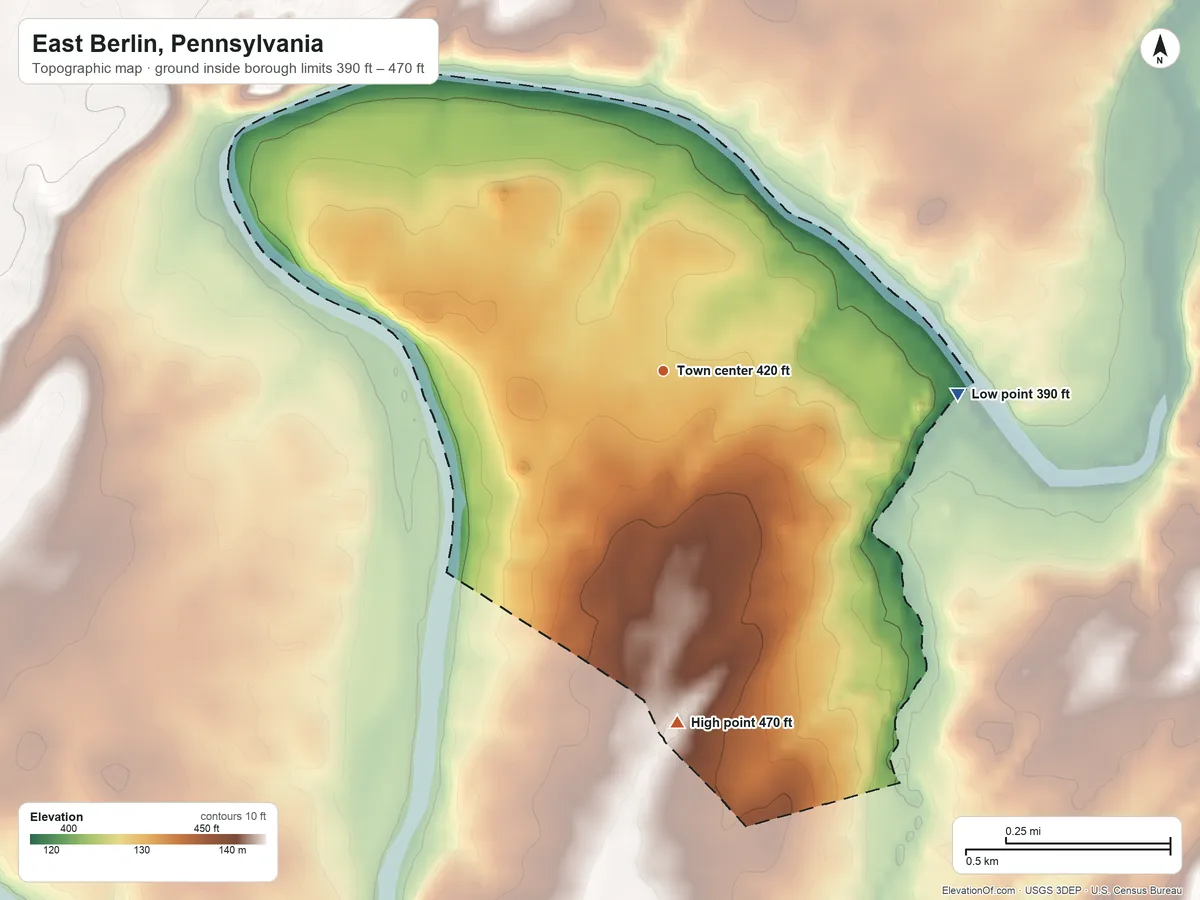 Topographic elevation map of East Berlin, Pennsylvania, shaded from 390 ft on the east side to 470 ft on the south side