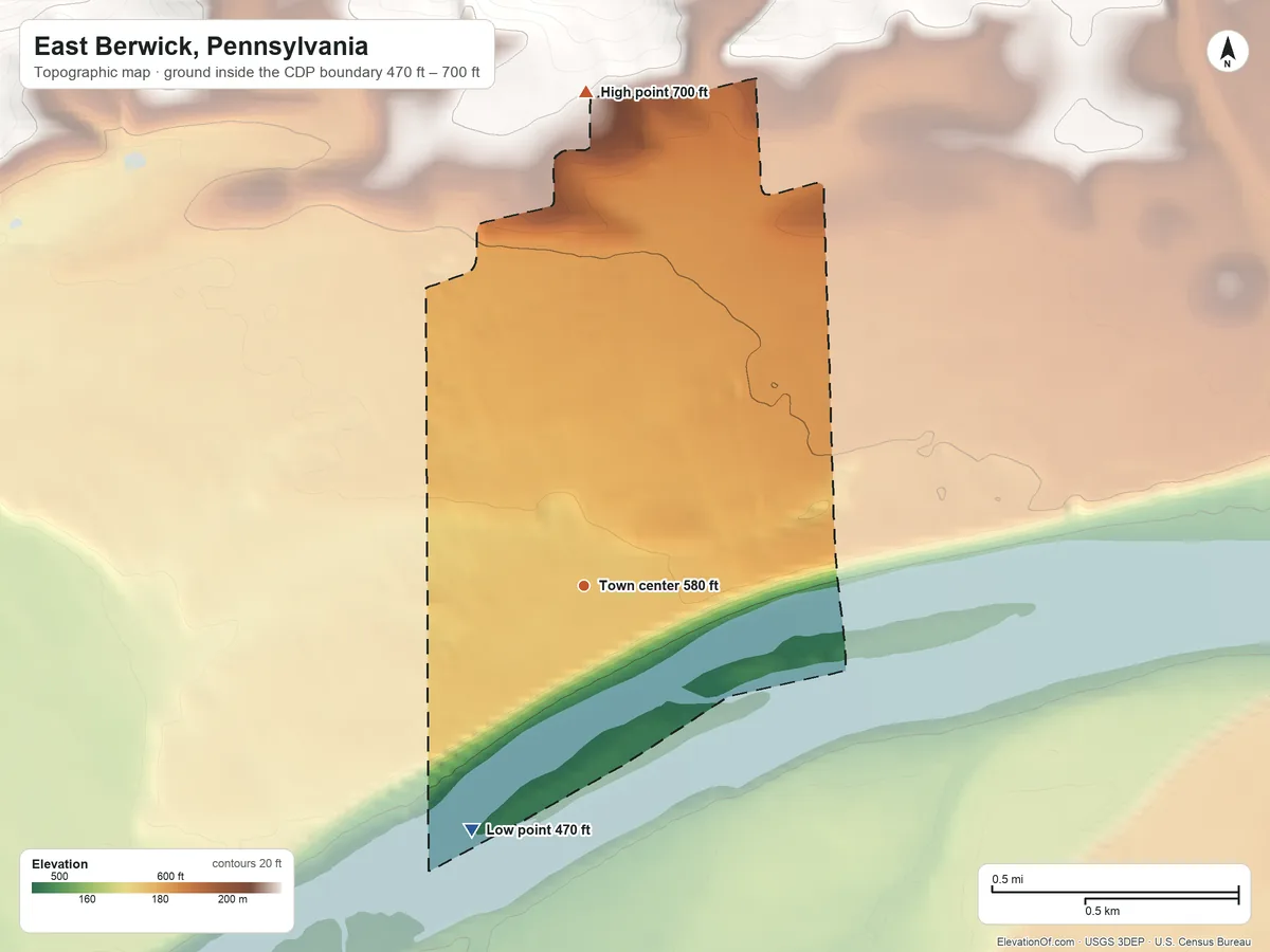 Topographic elevation map of East Berwick, Pennsylvania, shaded from 470 ft on the southwest side to 700 ft on the north edge, below higher ground just outside