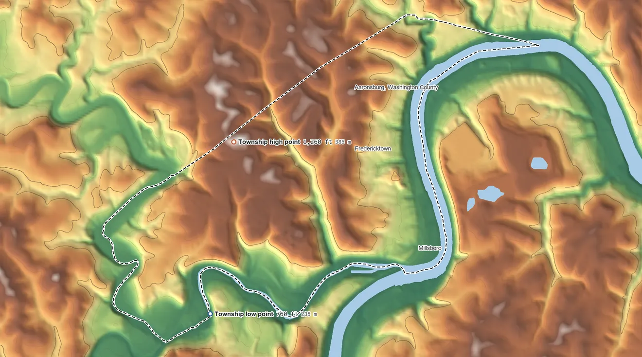 Topographic elevation map of East Bethlehem Township, Pennsylvania, shaded from 760 ft on the southwest side to 1,260 ft on the west side