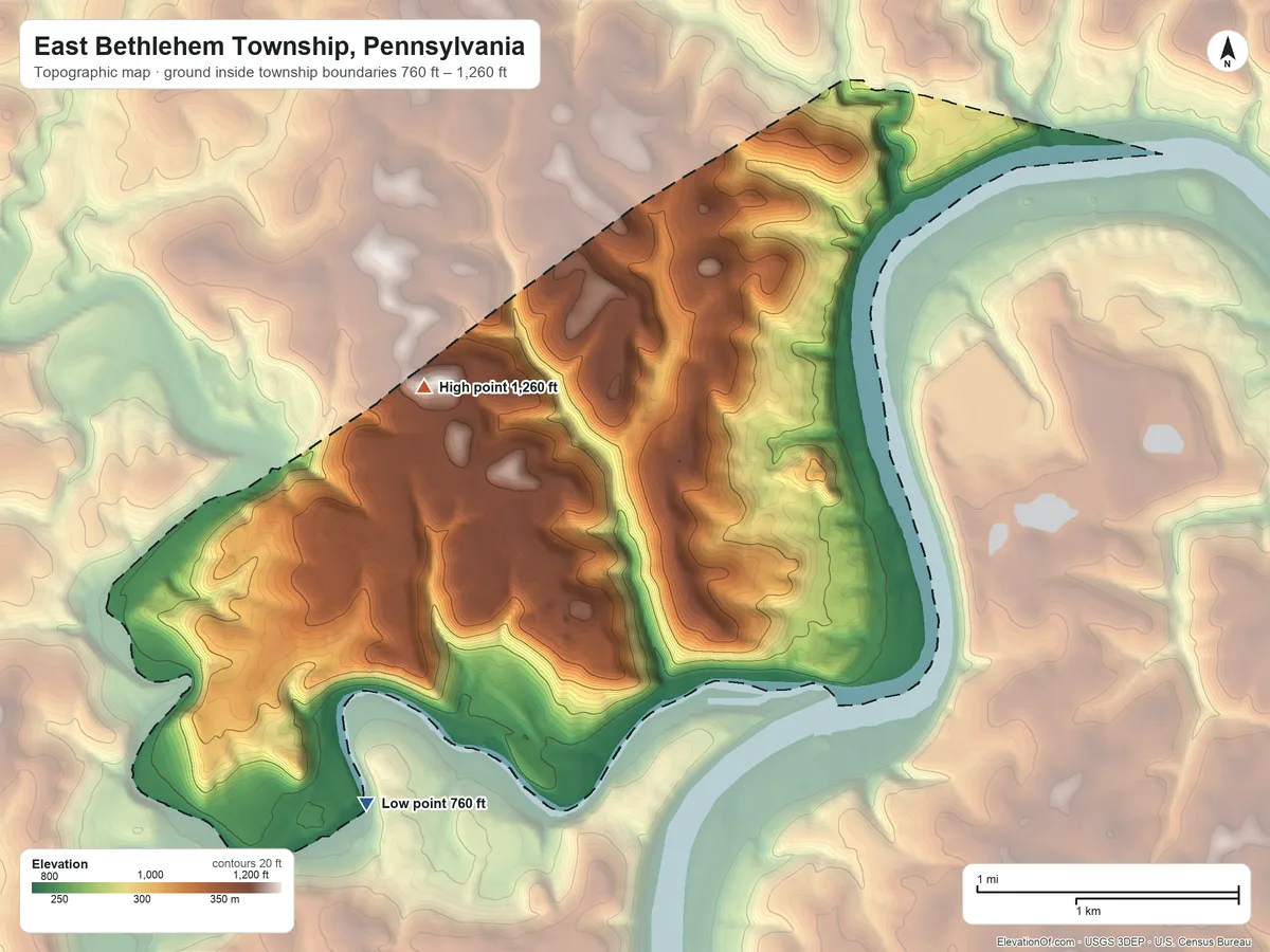 Topographic elevation map of East Bethlehem Township, Pennsylvania, shaded from 760 ft on the southwest side to 1,260 ft on the west side