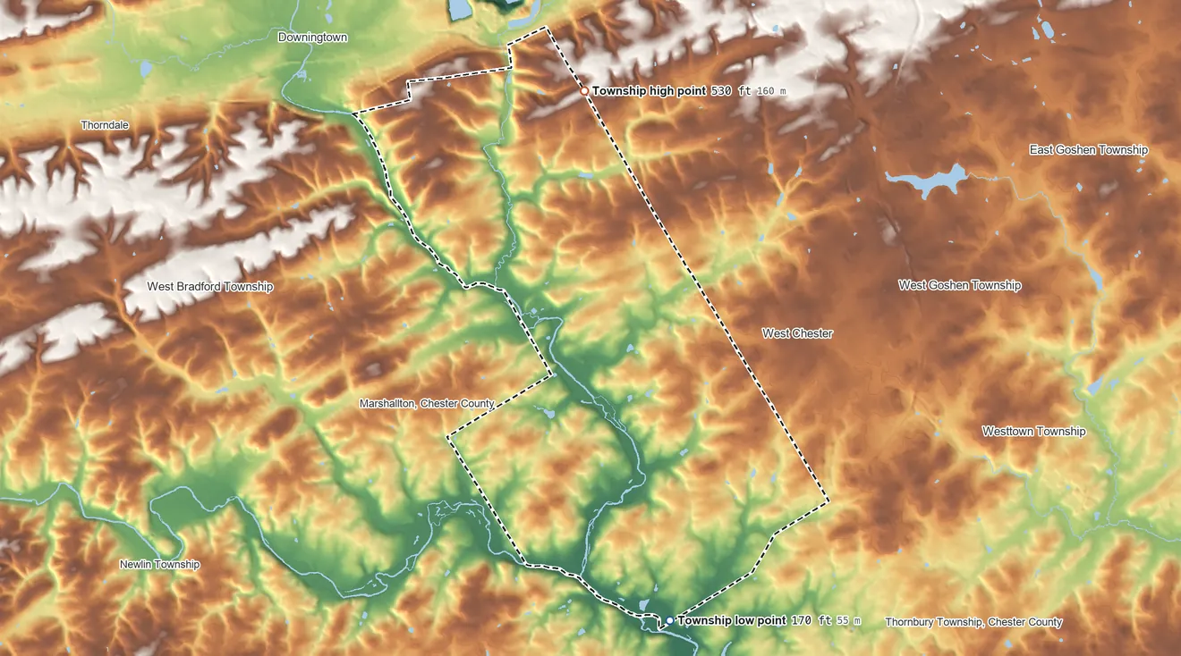 Topographic elevation map of East Bradford Township, Pennsylvania, shaded from 170 ft on the south side to 530 ft on the north side