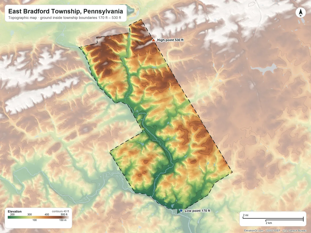 Topographic elevation map of East Bradford Township, Pennsylvania, shaded from 170 ft on the south side to 530 ft on the north side