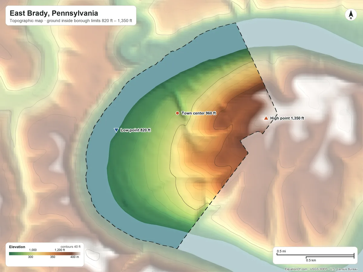 Topographic elevation map of East Brady, Pennsylvania, shaded from 820 ft on the west side to 1,350 ft on the east side