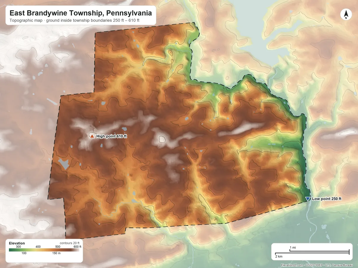 Topographic elevation map of East Brandywine Township, Pennsylvania, shaded from 250 ft on the east side to 610 ft on the west side
