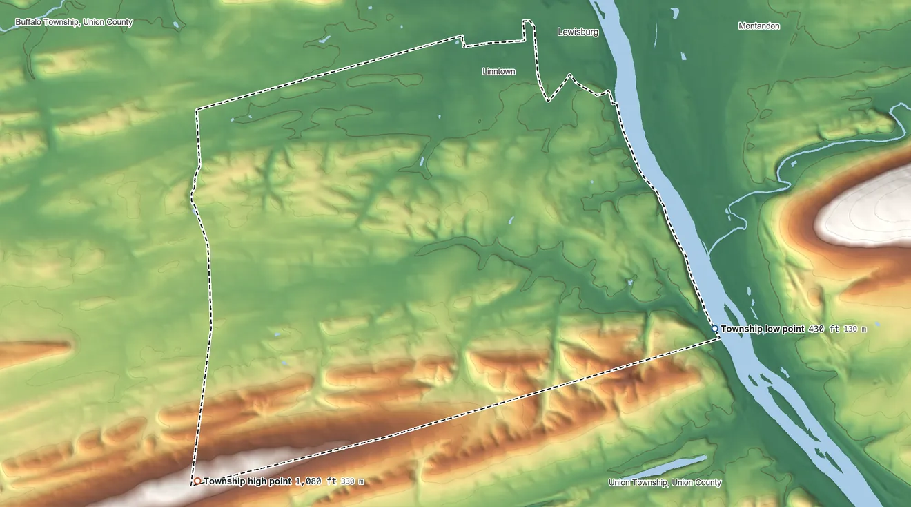 Topographic elevation map of East Buffalo Township, Pennsylvania, shaded from 430 ft on the southeast side to 1,080 ft on the southwest side