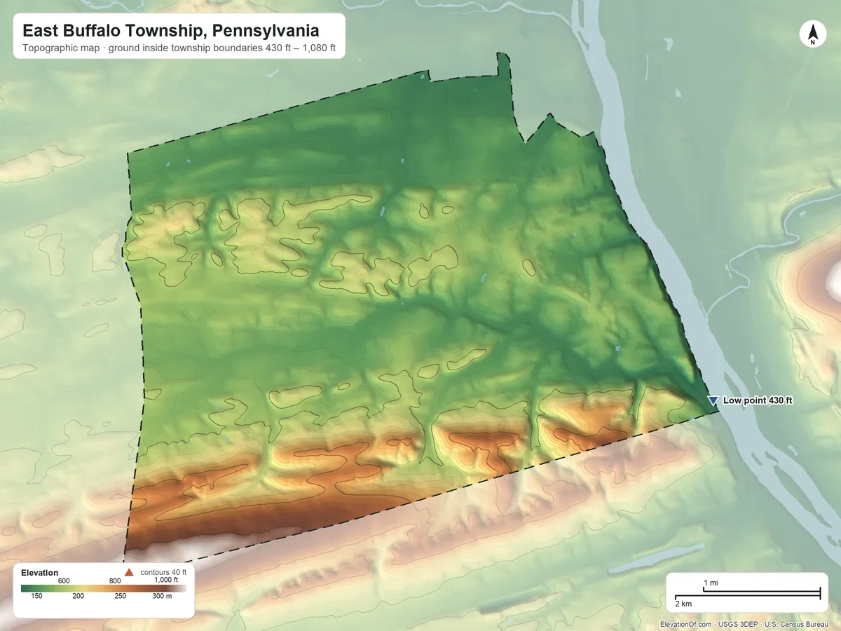 Topographic elevation map of East Buffalo Township, Pennsylvania, shaded from 430 ft on the southeast side to 1,080 ft on the southwest side