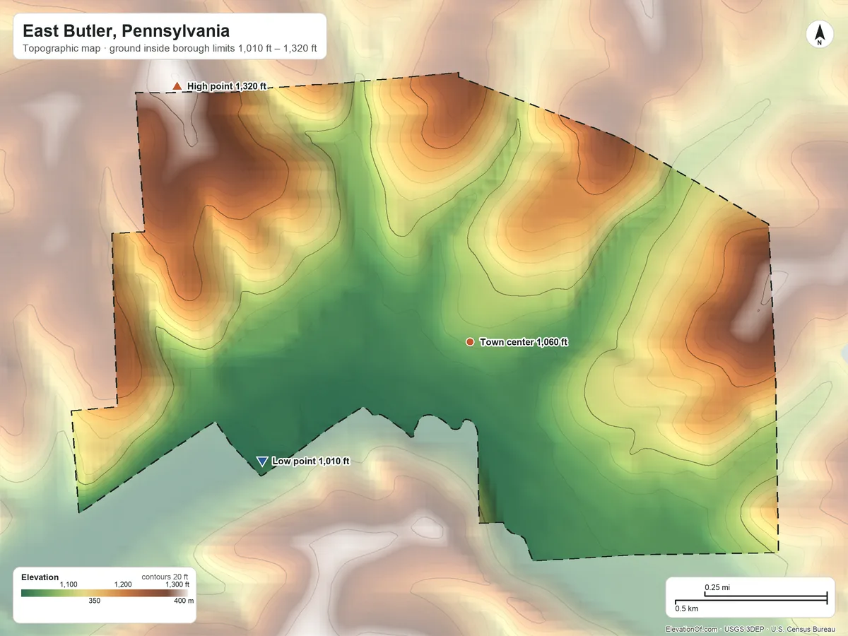 Topographic elevation map of East Butler, Pennsylvania, shaded from 1,010 ft on the southwest side to 1,320 ft on the northwest side