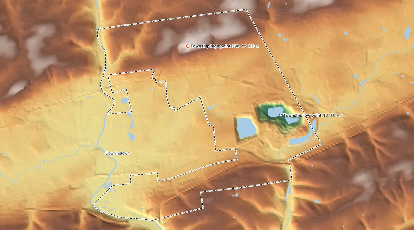 Topographic elevation map of East Caln Township, Pennsylvania, shaded from 18 ft on the east side to 590 ft on the north side