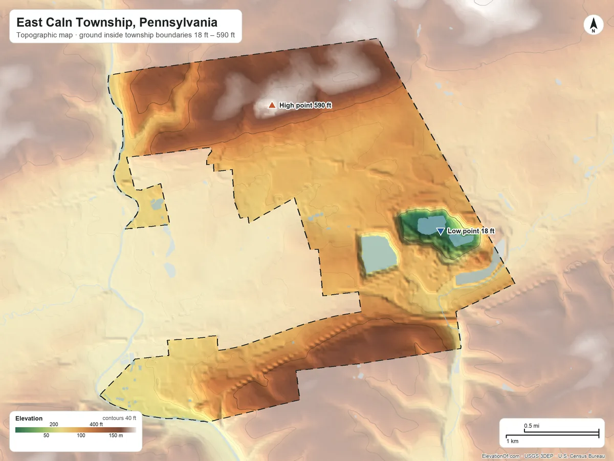 Topographic elevation map of East Caln Township, Pennsylvania, shaded from 18 ft on the east side to 590 ft on the north side