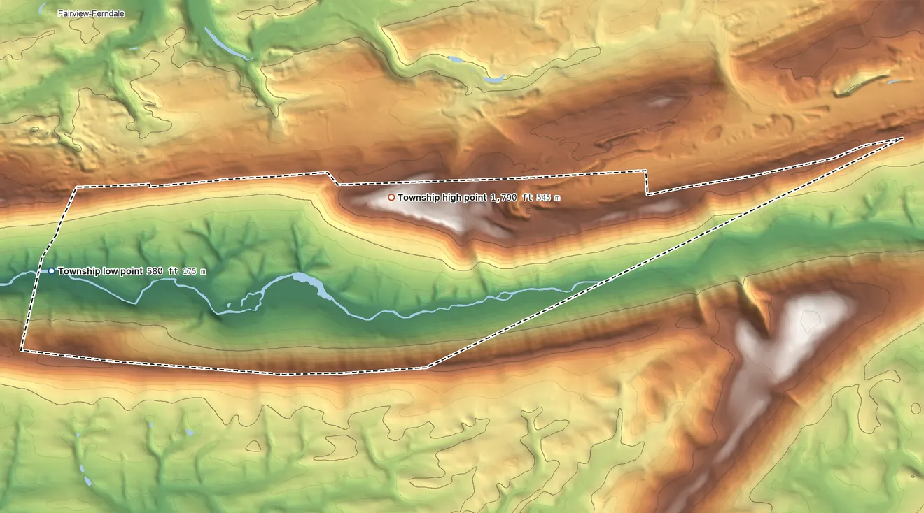 Topographic elevation map of East Cameron Township, Pennsylvania, shaded from 580 ft on the west side to 1,790 ft on Mahanoy Mountain