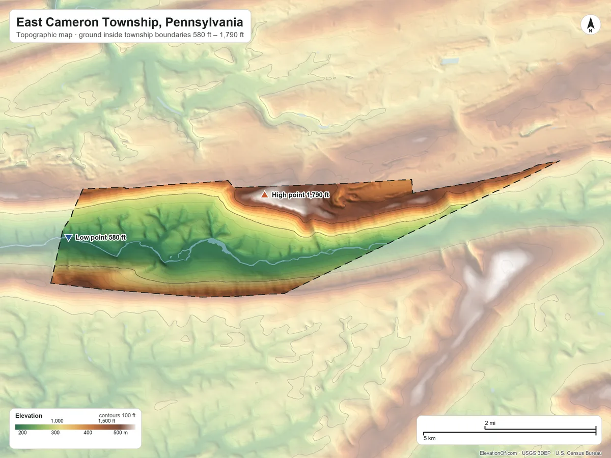Topographic elevation map of East Cameron Township, Pennsylvania, shaded from 580 ft on the west side to 1,790 ft on Mahanoy Mountain