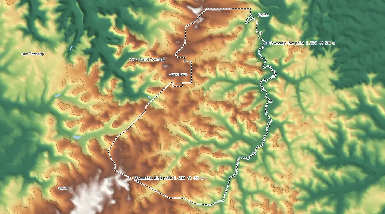 Topographic elevation map of East Carroll Township, Pennsylvania, shaded from 1,730 ft on the northeast side to 2,280 ft on the southwest side