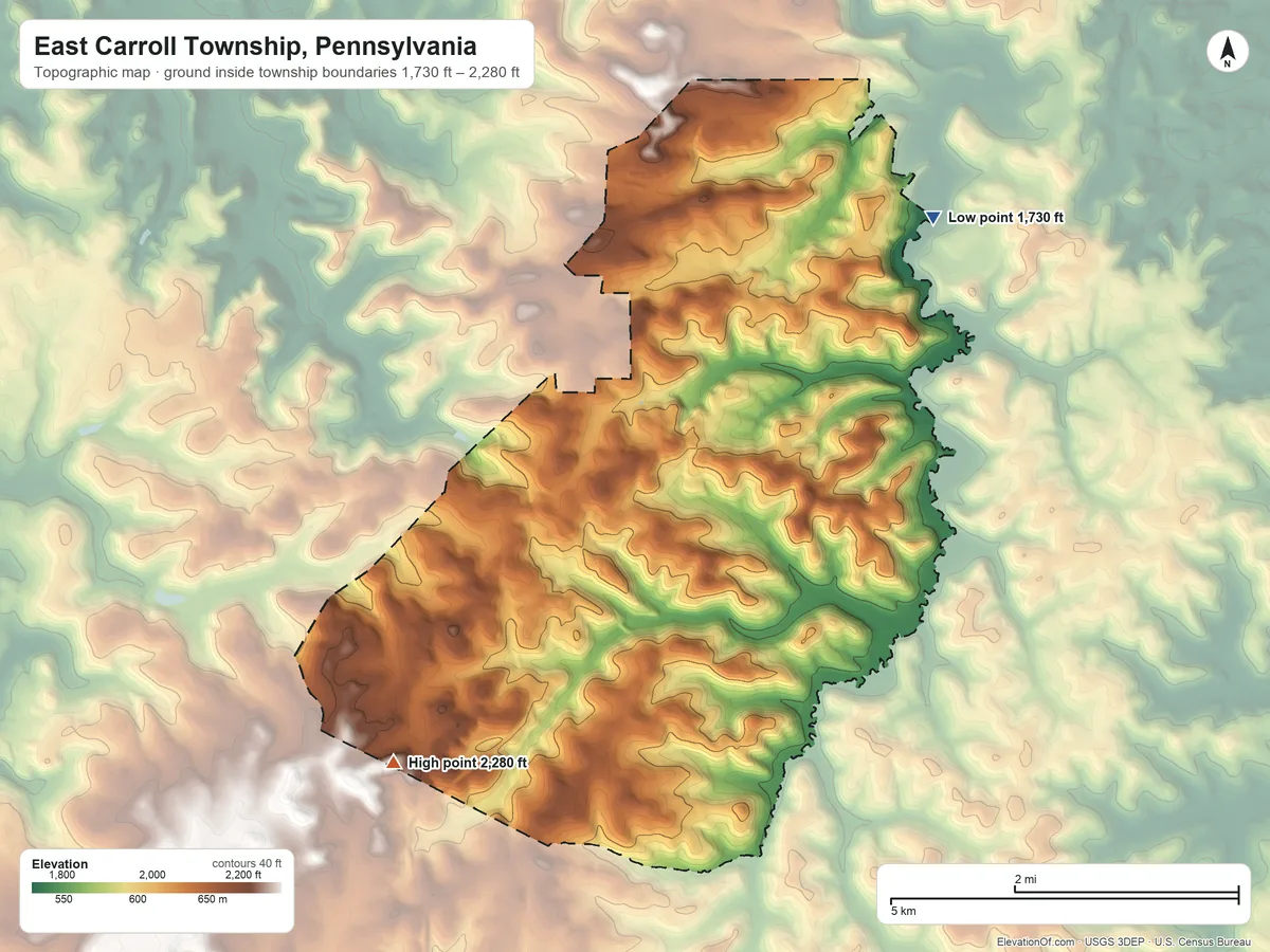 Topographic elevation map of East Carroll Township, Pennsylvania, shaded from 1,730 ft on the northeast side to 2,280 ft on the southwest side