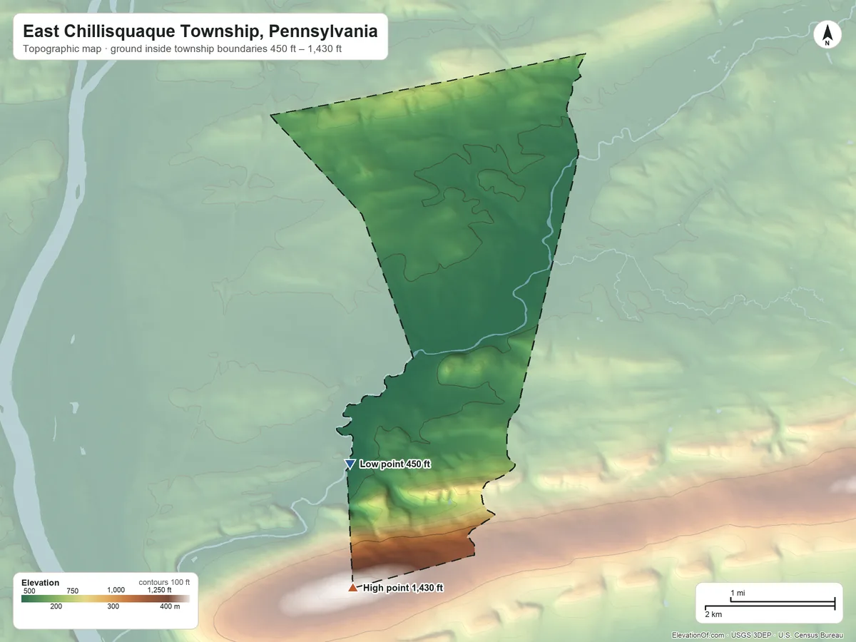 Topographic elevation map of East Chillisquaque Township, Pennsylvania, shaded from 450 ft on the south side to 1,430 ft on the south side