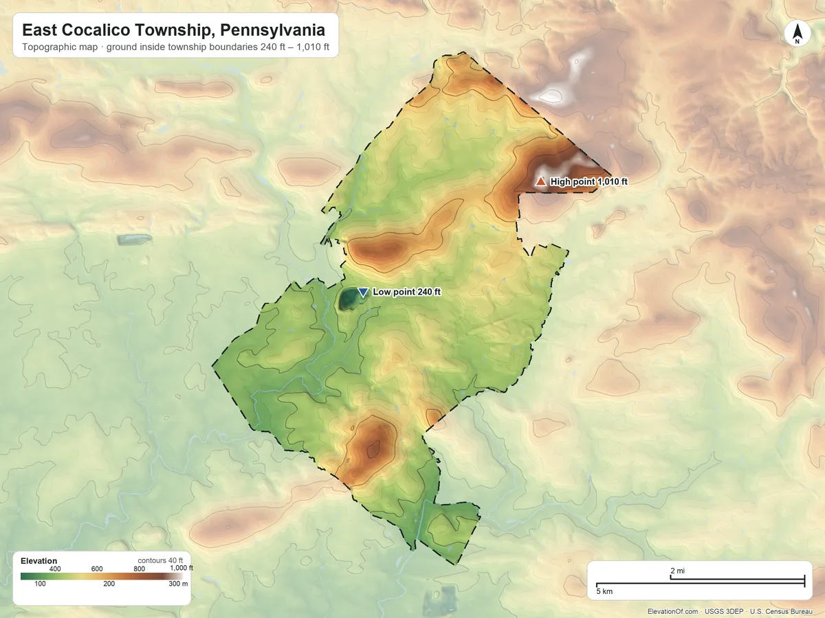 Topographic elevation map of East Cocalico Township, Pennsylvania, shaded from 240 ft near the middle to 1,010 ft on the northeast side
