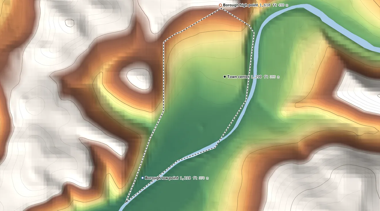 Topographic elevation map of East Conemaugh, Pennsylvania, shaded from 1,210 ft on the southwest side to 1,610 ft at the foot of the Laurel Hill