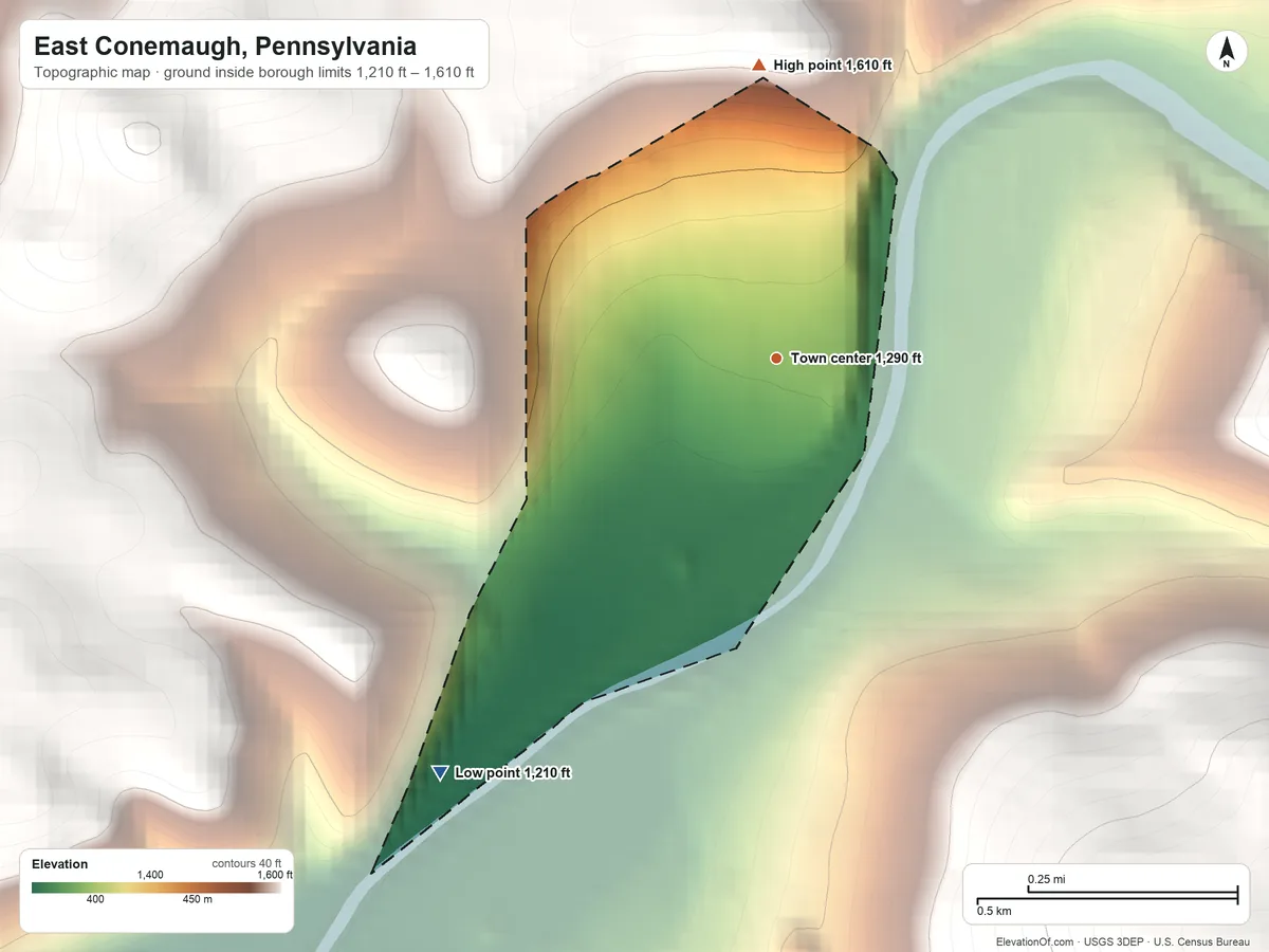 Topographic elevation map of East Conemaugh, Pennsylvania, shaded from 1,210 ft on the southwest side to 1,610 ft at the foot of the Laurel Hill