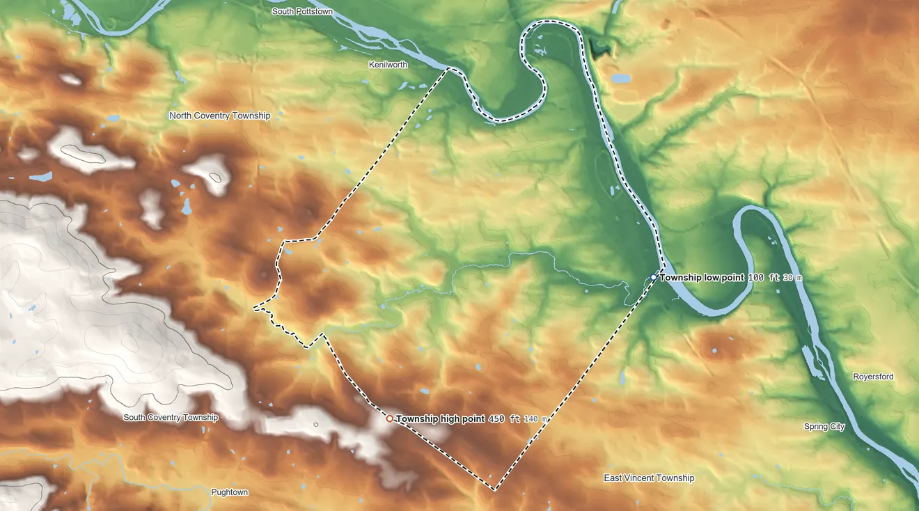 Topographic elevation map of East Coventry Township, Pennsylvania, shaded from 100 ft on the east side to 450 ft on the southwest side