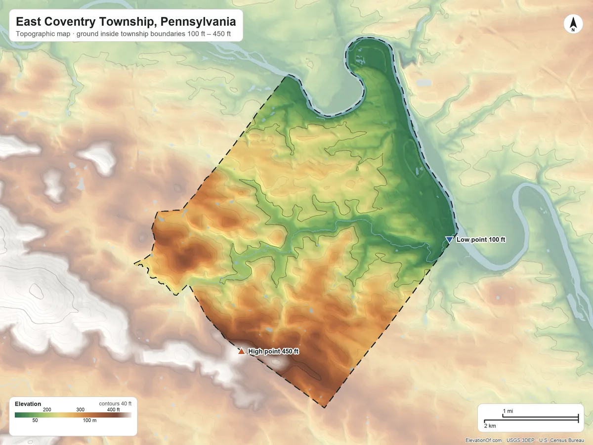 Topographic elevation map of East Coventry Township, Pennsylvania, shaded from 100 ft on the east side to 450 ft on the southwest side