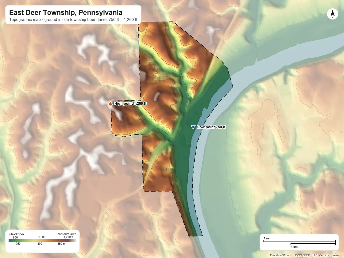 Topographic elevation map of East Deer Township, Pennsylvania, shaded from 750 ft on the northeast side to 1,260 ft on the northwest side