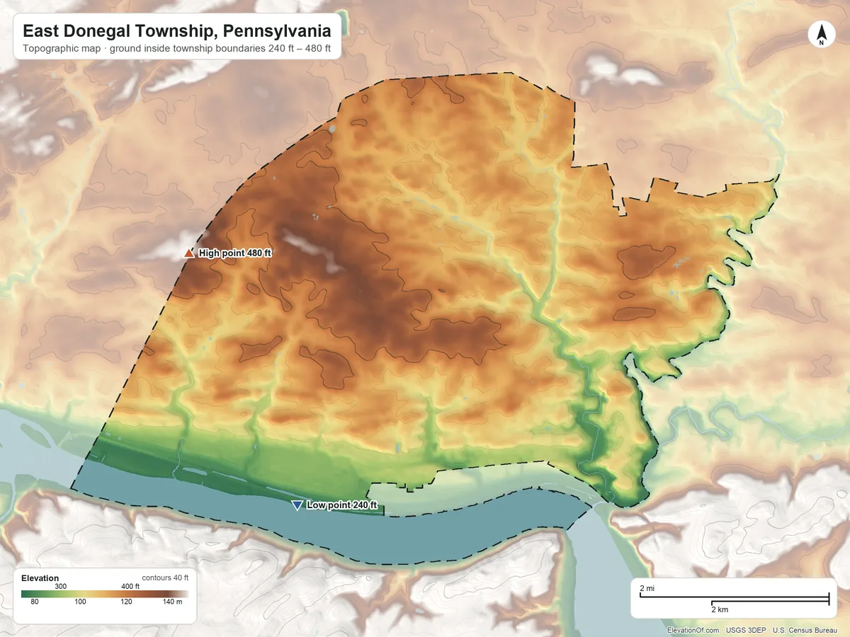 Topographic elevation map of East Donegal Township, Pennsylvania, shaded from 240 ft on the southwest side to 480 ft on the west side