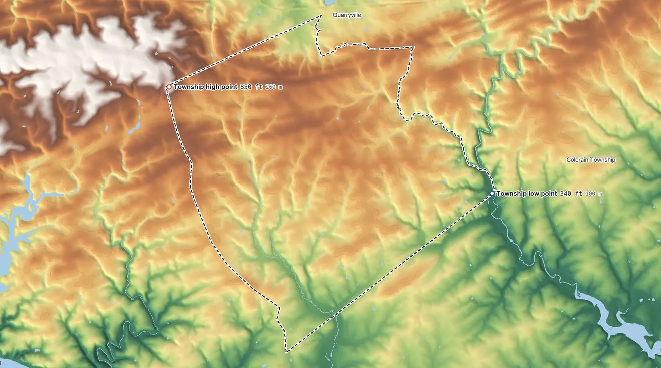 Topographic elevation map of East Drumore Township, Pennsylvania, shaded from 340 ft on the east side to 850 ft on the northwest side