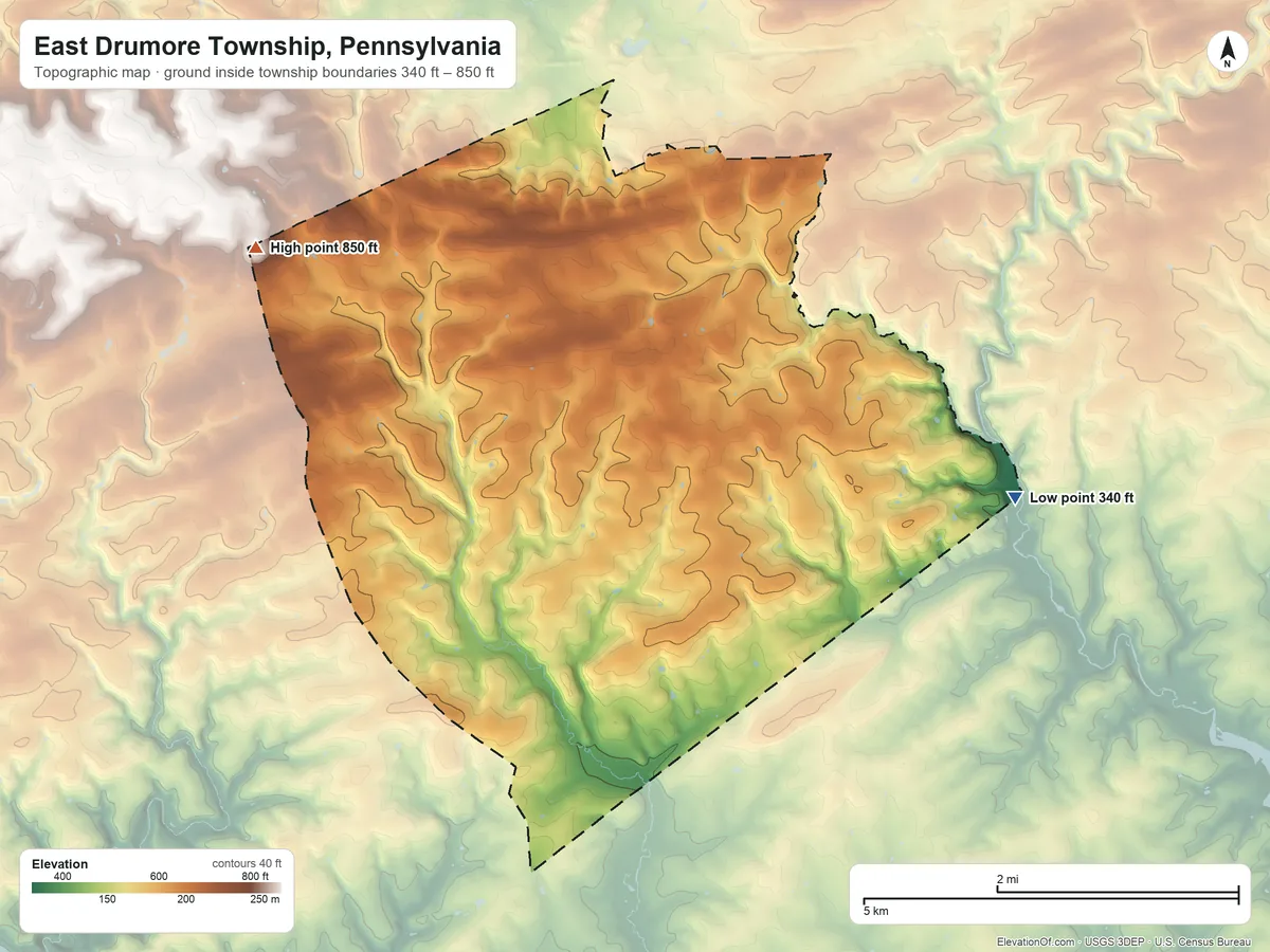 Topographic elevation map of East Drumore Township, Pennsylvania, shaded from 340 ft on the east side to 850 ft on the northwest side