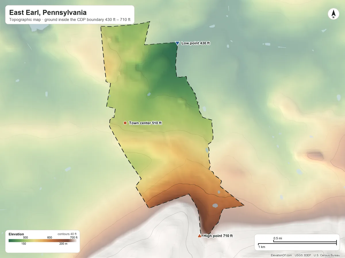 Topographic elevation map of East Earl, Pennsylvania, shaded from 430 ft on the northeast side to 710 ft at the foot of The Baron Hills