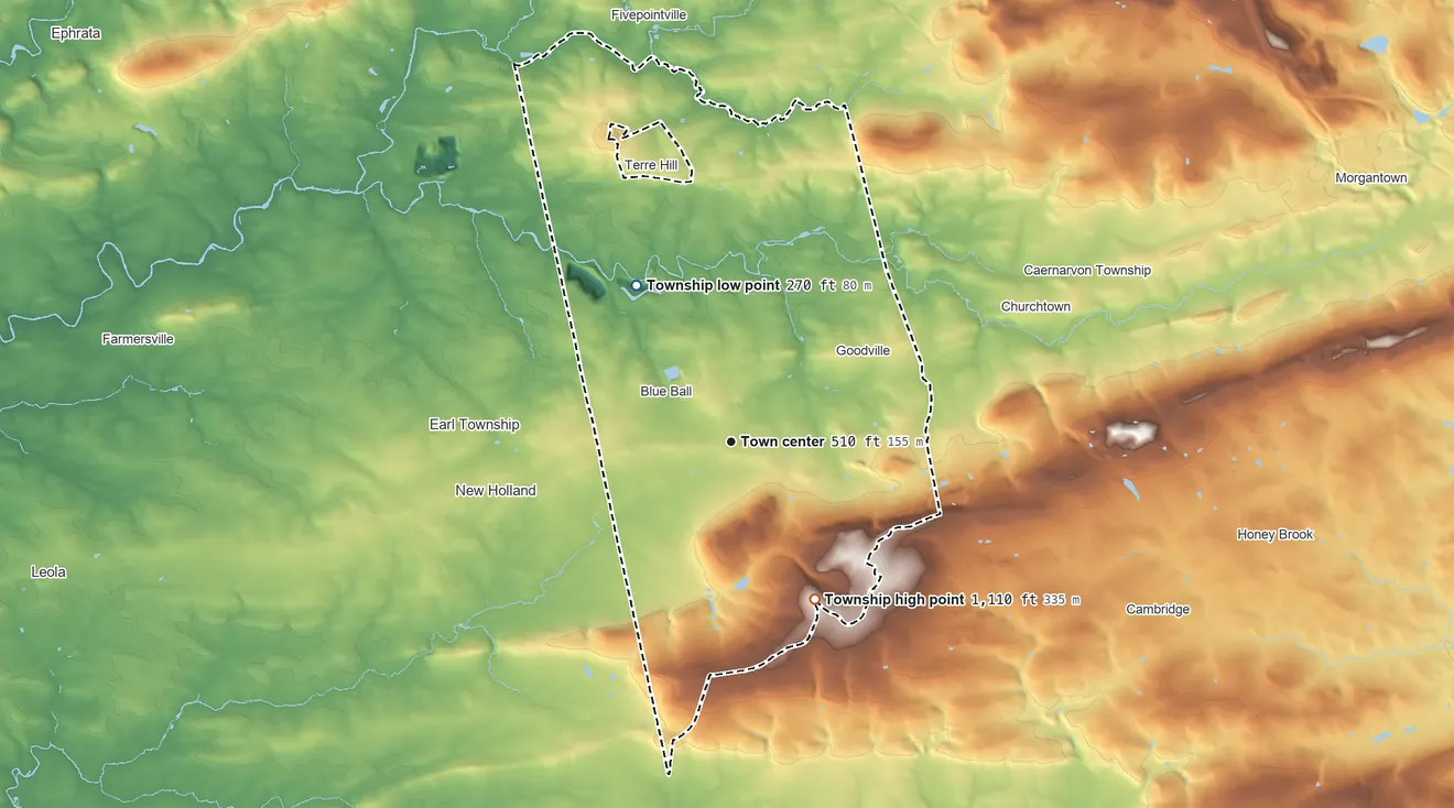 Topographic elevation map of East Earl Township, Pennsylvania, shaded from 270 ft on the northwest side to 1,110 ft on the southeast side