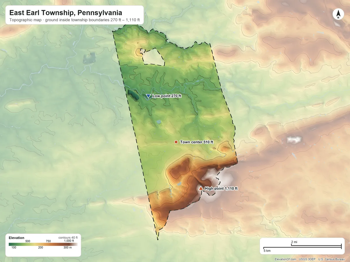 Topographic elevation map of East Earl Township, Pennsylvania, shaded from 270 ft on the northwest side to 1,110 ft on the southeast side