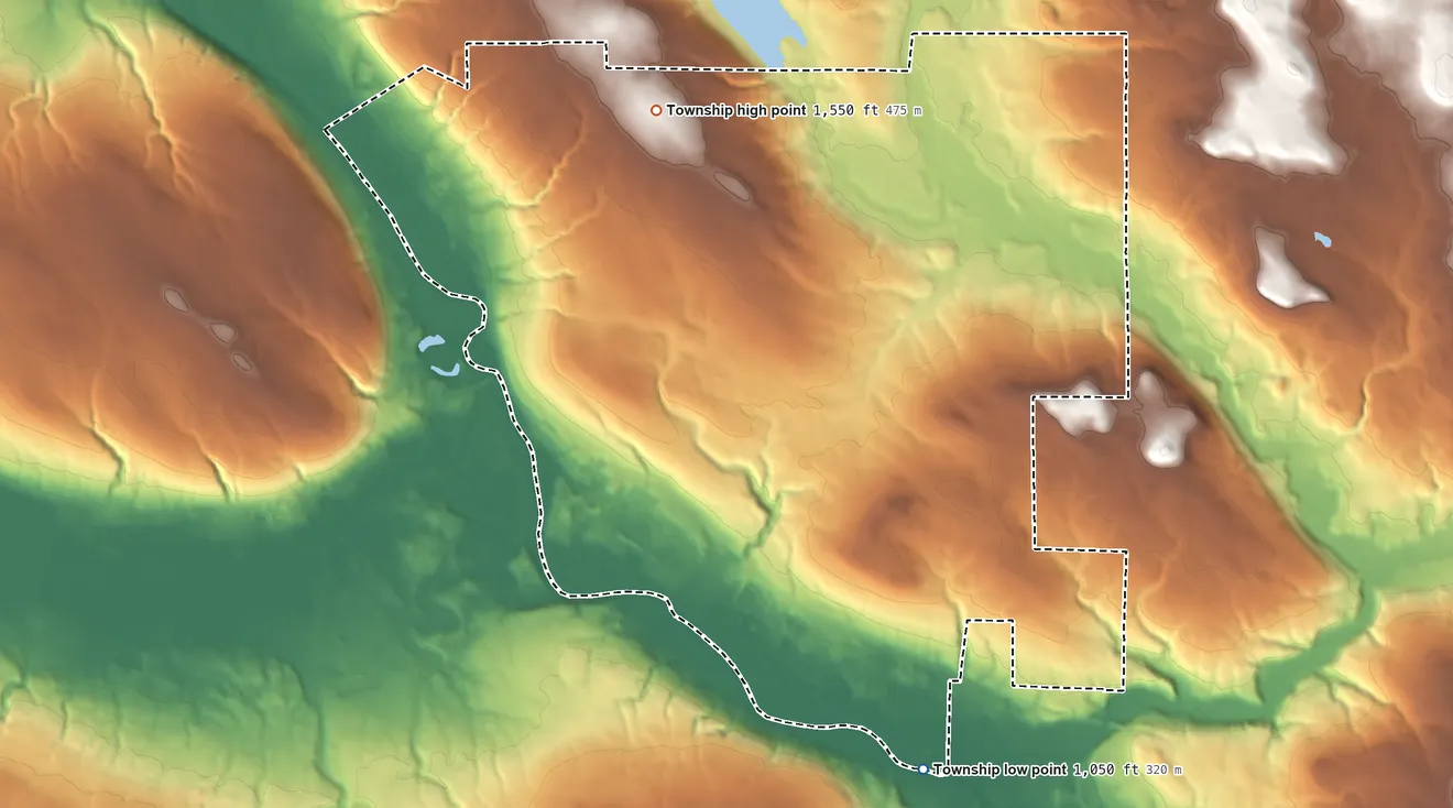 Topographic elevation map of East Fairfield Township, Pennsylvania, shaded from 1,050 ft on the southeast side to 1,550 ft on the north side