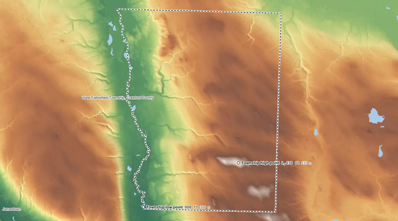 Topographic elevation map of East Fallowfield Township, Crawford County, Pennsylvania, shaded from 980 ft on the southwest side to 1,430 ft on the southeast side