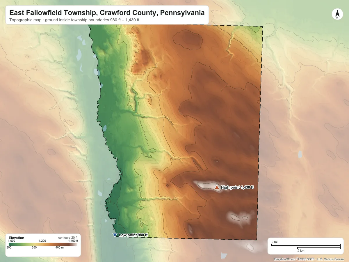 Topographic elevation map of East Fallowfield Township, Crawford County, Pennsylvania, shaded from 980 ft on the southwest side to 1,430 ft on the southeast side
