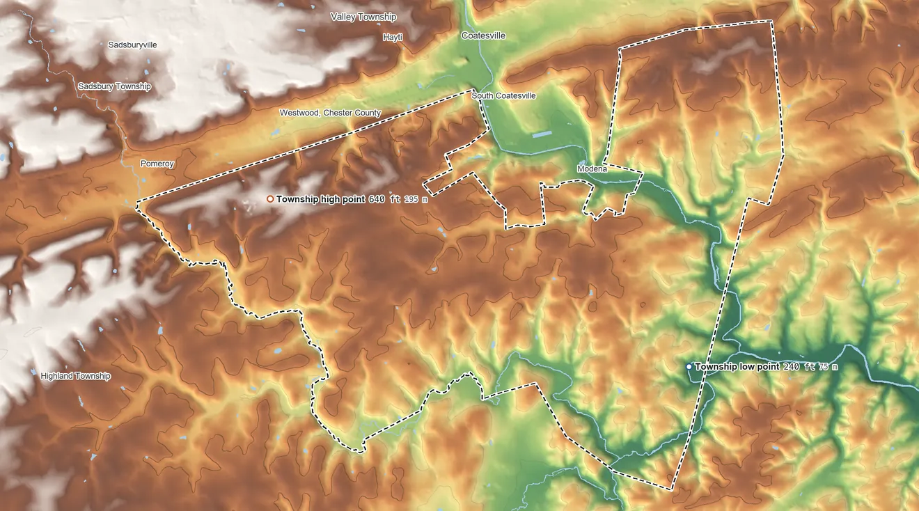 Topographic elevation map of East Fallowfield Township, Pennsylvania, shaded from 240 ft on the southeast side to 640 ft on the west side