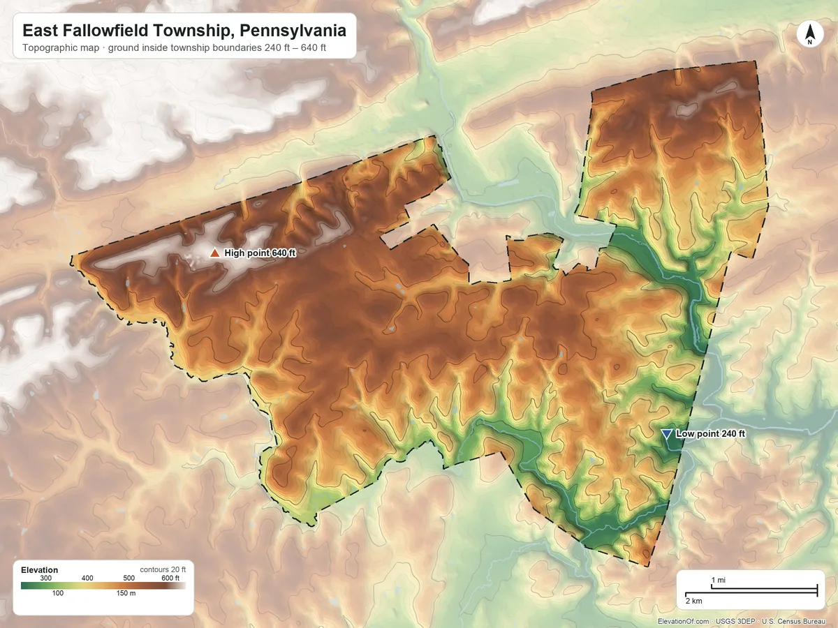 Topographic elevation map of East Fallowfield Township, Pennsylvania, shaded from 240 ft on the southeast side to 640 ft on the west side