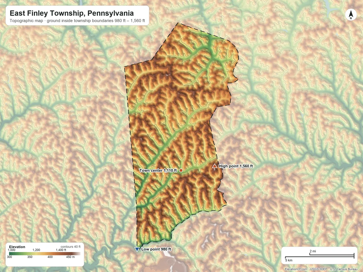 Topographic elevation map of East Finley Township, Pennsylvania, shaded from 980 ft on the southwest side to 1,560 ft on the east side