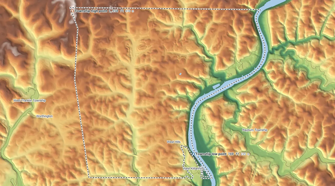 Topographic elevation map of East Franklin Township, Pennsylvania, shaded from 780 ft on the southeast side to 1,550 ft on the northwest side