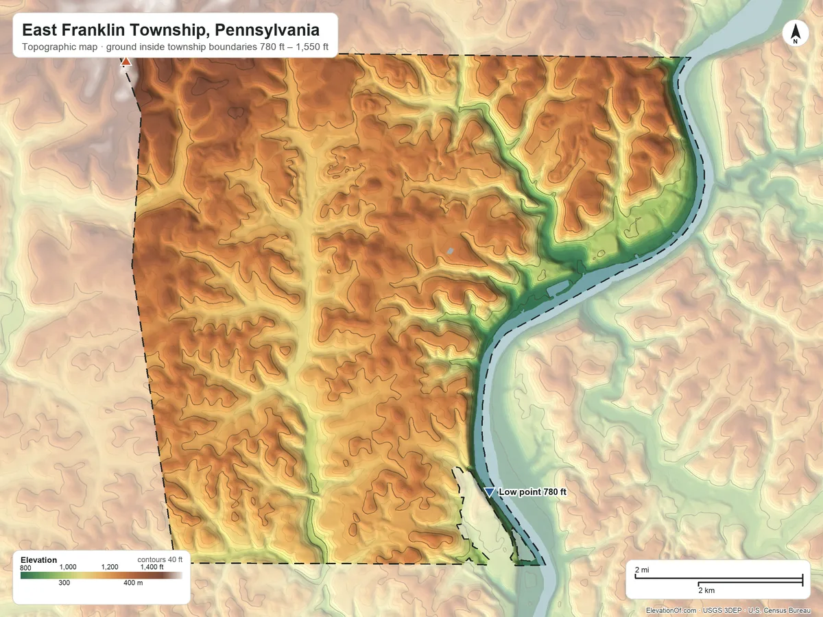 Topographic elevation map of East Franklin Township, Pennsylvania, shaded from 780 ft on the southeast side to 1,550 ft on the northwest side