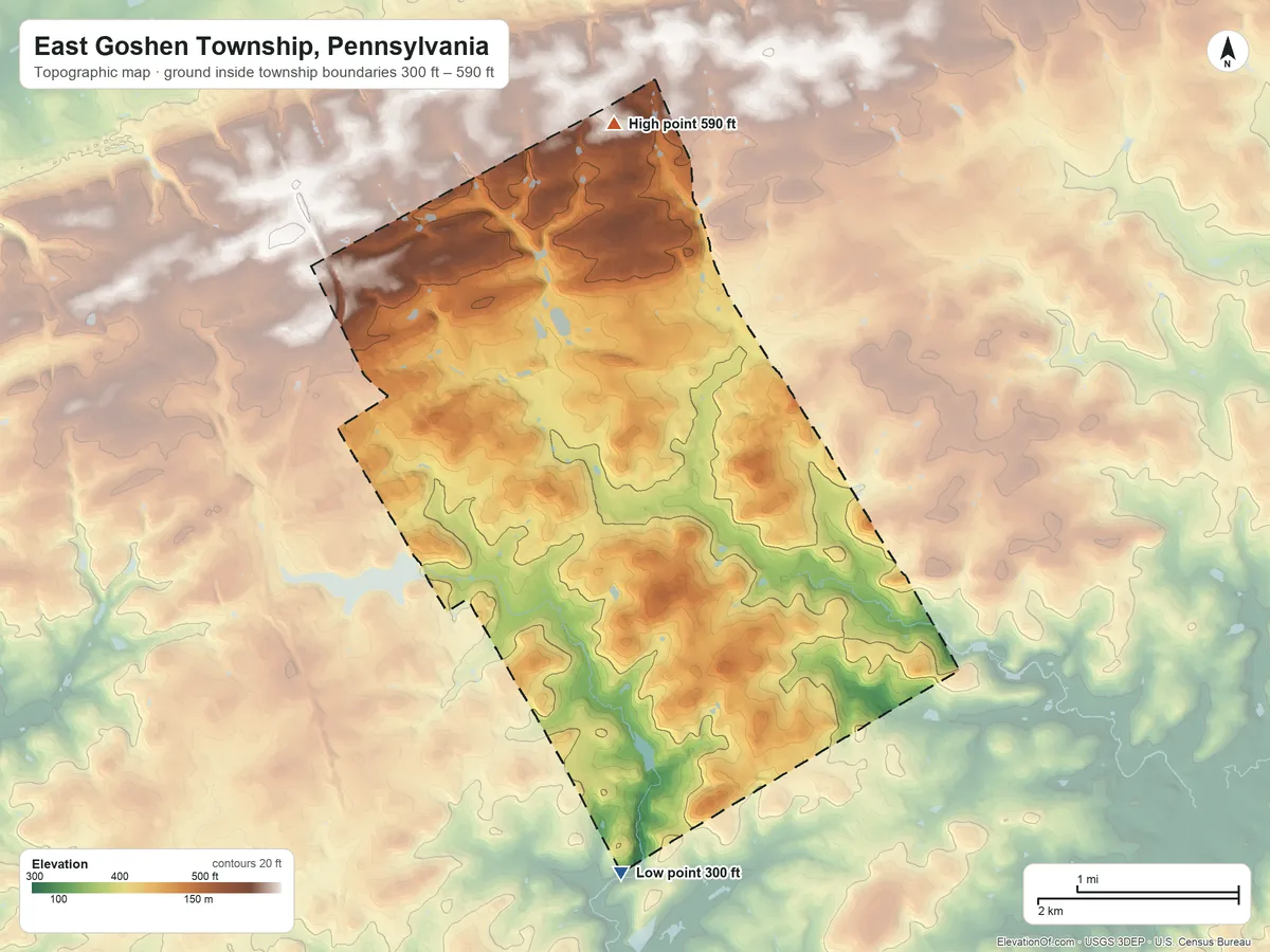 Topographic elevation map of East Goshen Township, Pennsylvania, shaded from 300 ft on the south side to 590 ft on the north side