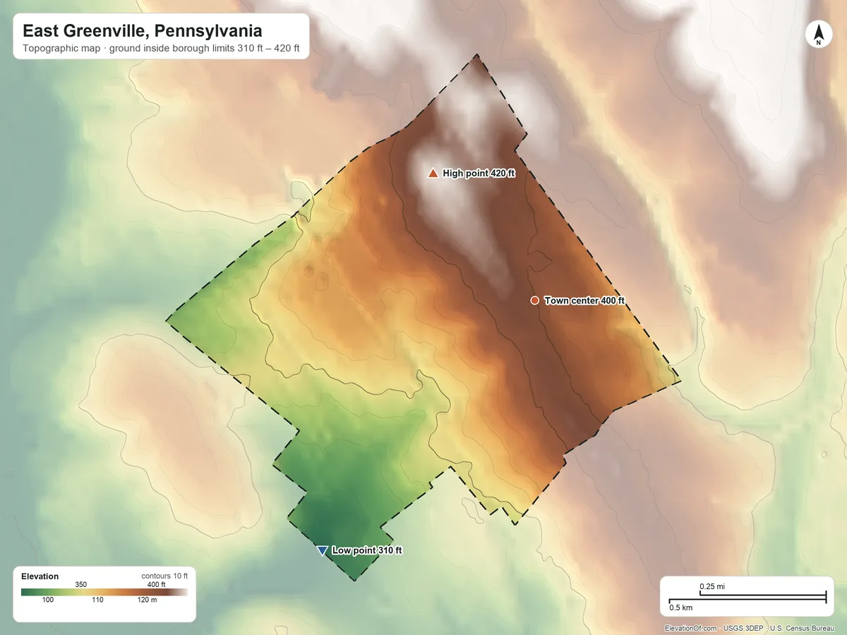 Topographic elevation map of East Greenville, Pennsylvania, shaded from 310 ft on the southwest side to 420 ft on the northwest side