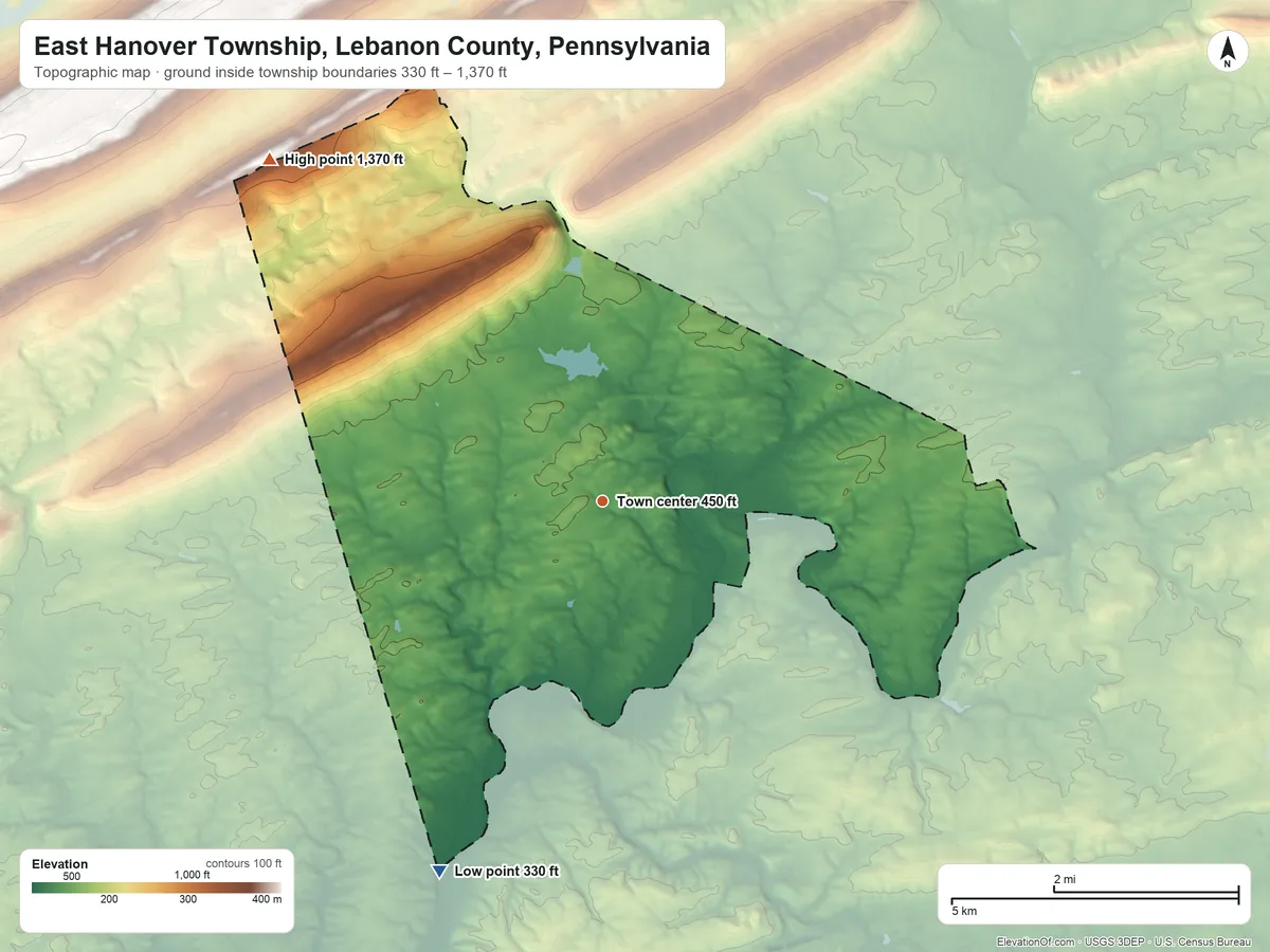 Topographic elevation map of East Hanover Township, Lebanon County, Pennsylvania, shaded from 330 ft on the southwest side to 1,370 ft on the northwest side