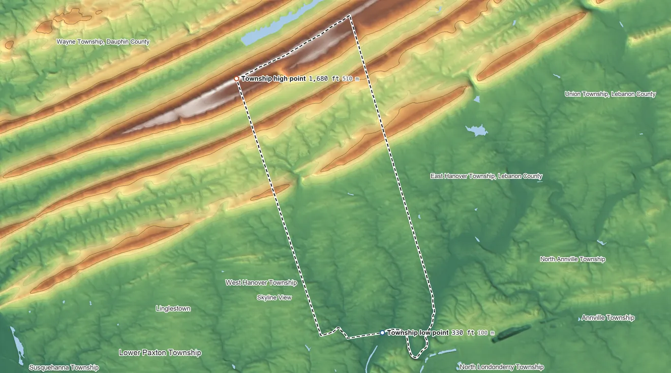 Topographic elevation map of East Hanover Township, Pennsylvania, shaded from 330 ft on the south side to 1,680 ft on the northwest side