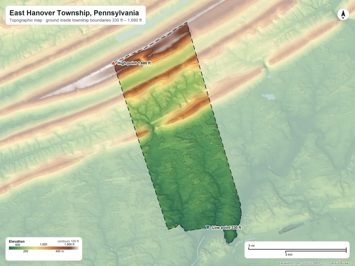 Topographic elevation map of East Hanover Township, Pennsylvania, shaded from 330 ft on the south side to 1,680 ft on the northwest side