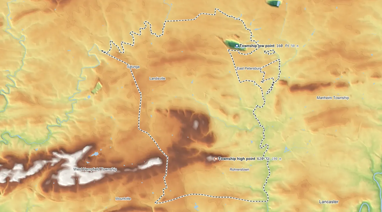 Topographic elevation map of East Hempfield Township, Pennsylvania, shaded from 160 ft on the north side to 620 ft on the southeast side