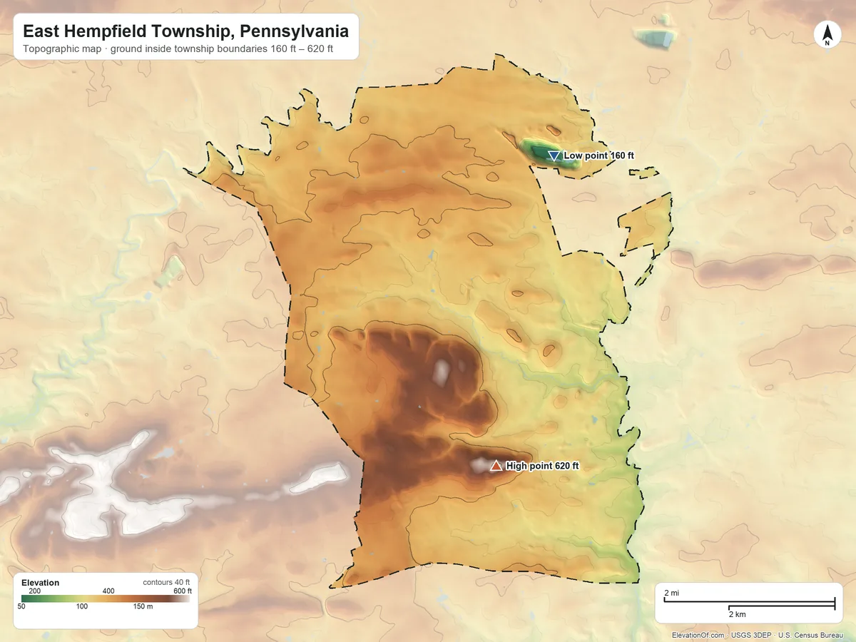 Topographic elevation map of East Hempfield Township, Pennsylvania, shaded from 160 ft on the north side to 620 ft on the southeast side
