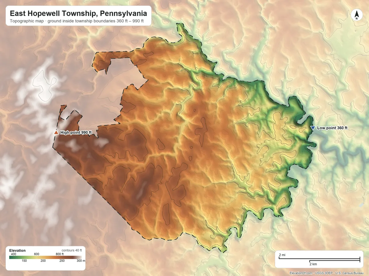 Topographic elevation map of East Hopewell Township, Pennsylvania, shaded from 360 ft on the east side to 990 ft on the west side