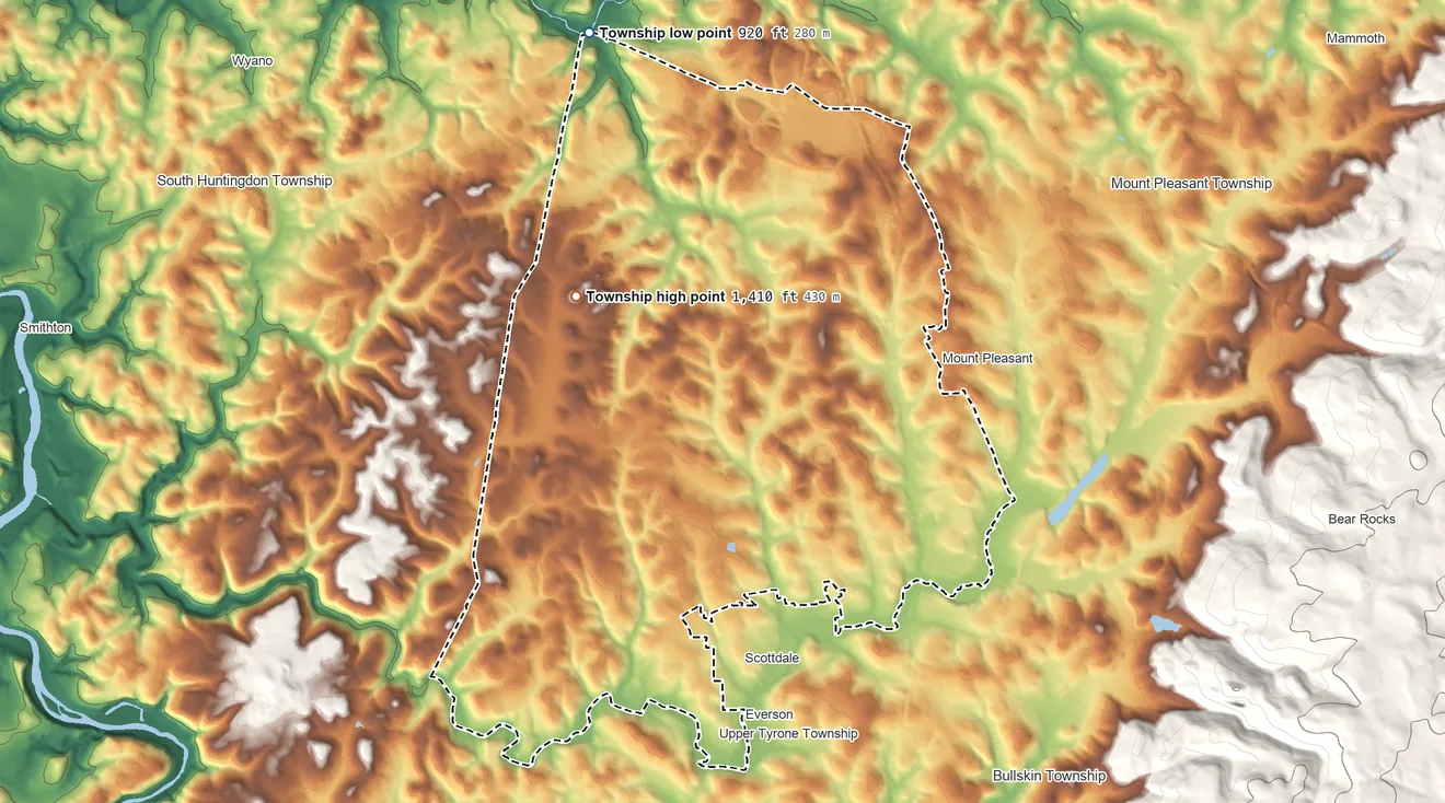 Topographic elevation map of East Huntingdon Township, Pennsylvania, shaded from 920 ft on the north side to 1,410 ft on the northwest side