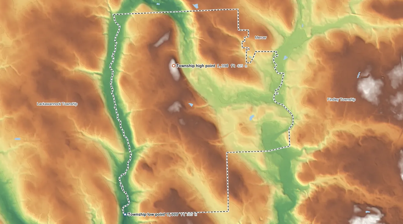 Topographic elevation map of East Lackawannock Township, Pennsylvania, shaded from 1,000 ft on the southwest side to 1,390 ft on the northwest side