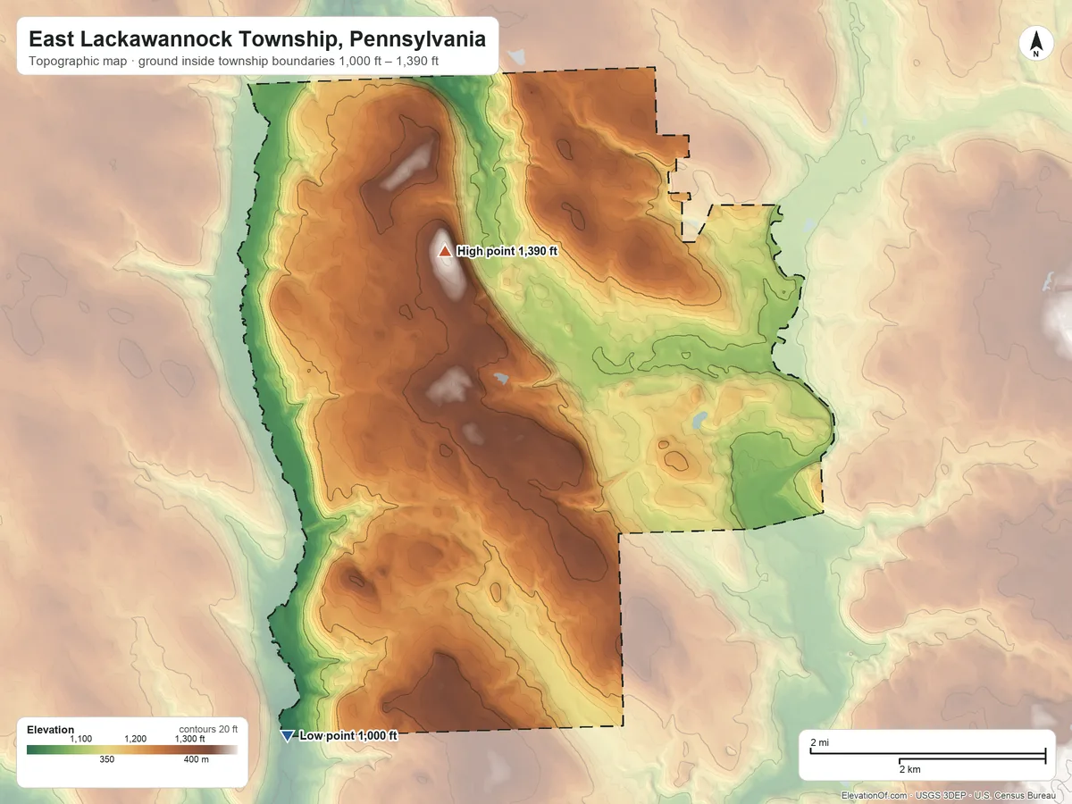 Topographic elevation map of East Lackawannock Township, Pennsylvania, shaded from 1,000 ft on the southwest side to 1,390 ft on the northwest side