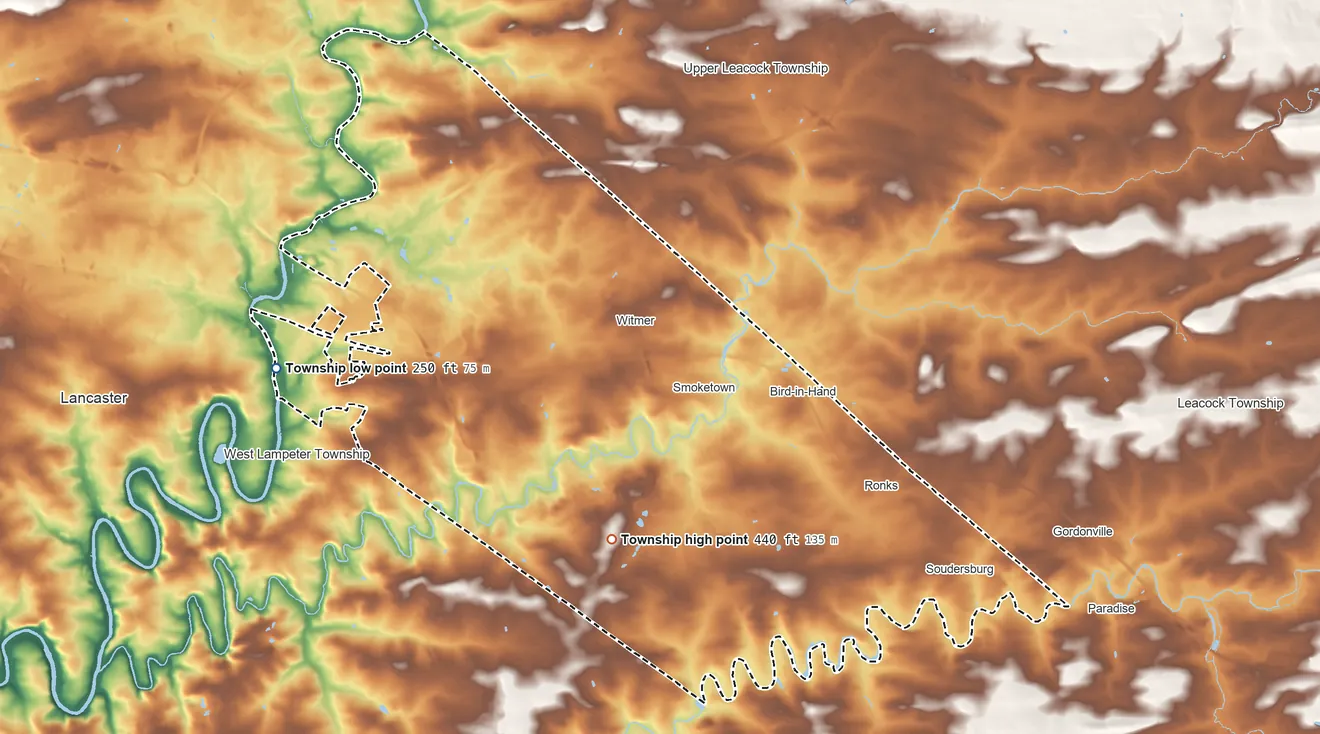 Topographic elevation map of East Lampeter Township, Pennsylvania, shaded from 250 ft on the west side to 440 ft on the southeast side